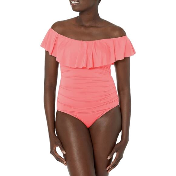 La Blanca Other - La Blanca Island Goddess Off Shoulder Ruffle One Piece Swimsuit 14 Hot Coral